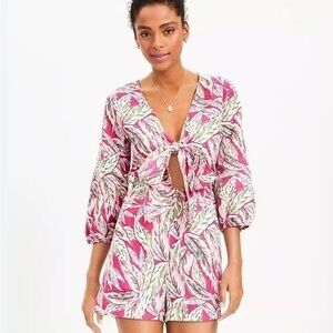 LOFT Pink and Green Leaf Print Romper Size L